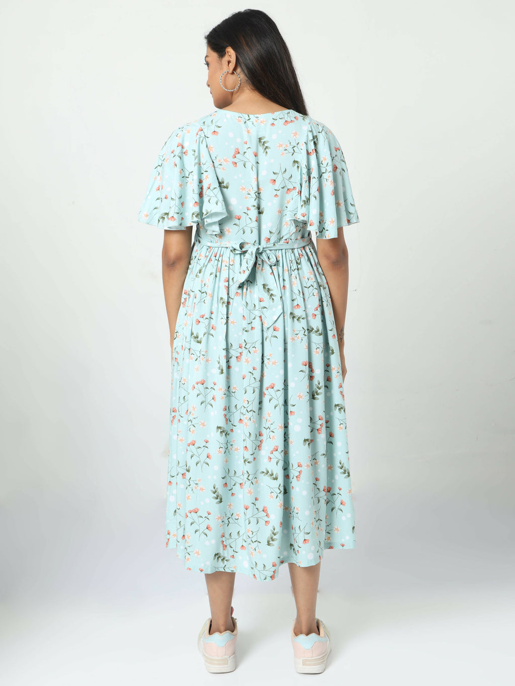 Manet Frill With Sleeve Maternity Dress Floral Print With Concealed Zipper Nursing Access - Green | Grocsy