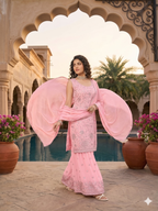 Teeya Creation Womens Georgette Pink Embroidered Sharara Set With Sequence Work And Lace Border Dupatta | Grocsy