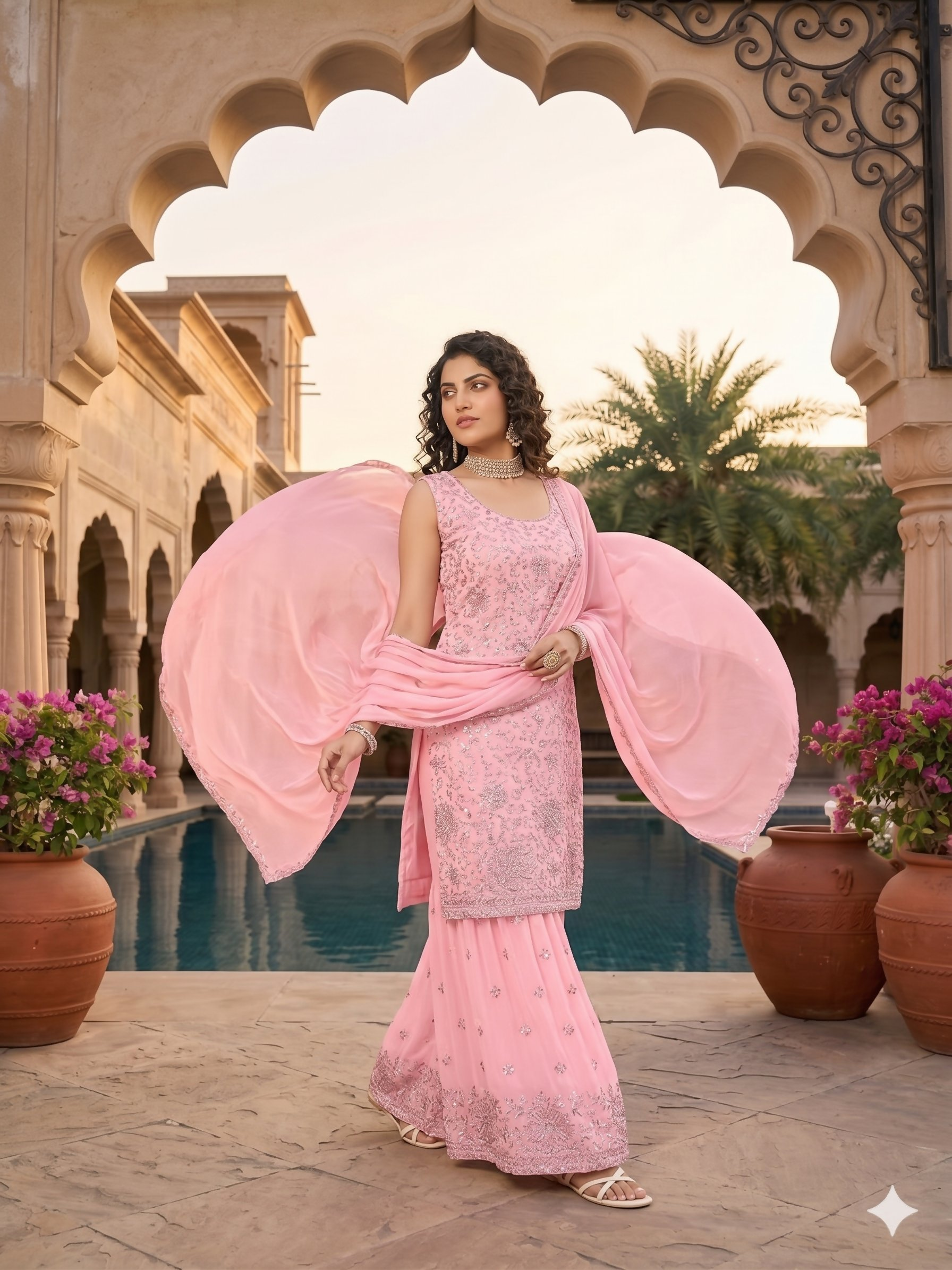 Teeya Creation Womens Georgette Pink Embroidered Sharara Set With Sequence Work And Lace Border Dupatta | Grocsy