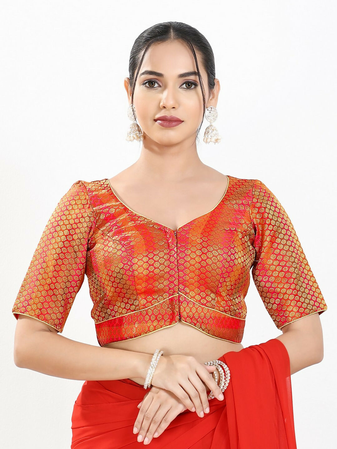 Joban Fashion Red Brocade Padded Blouse With Sweetheart Neck Elbow Sleeves | Grocsy