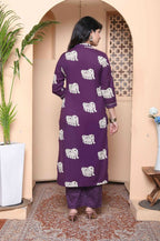Miravan Womens Purple Cotton Animal Print Kurta With Palazzo And Dupatta | Grocsy