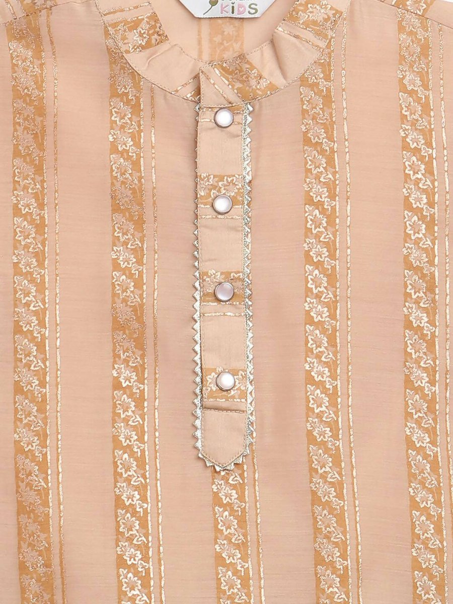Ahalyaa Beige Chanderi Gold Foil Print Kids Kurta Churidar Set For Boys | Grocsy