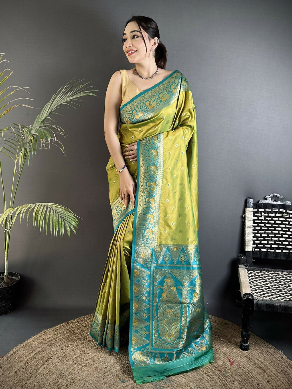 Joban Fashion Pista Green Intricate Motifs Soft Silk Banarasi Saree | Grocsy