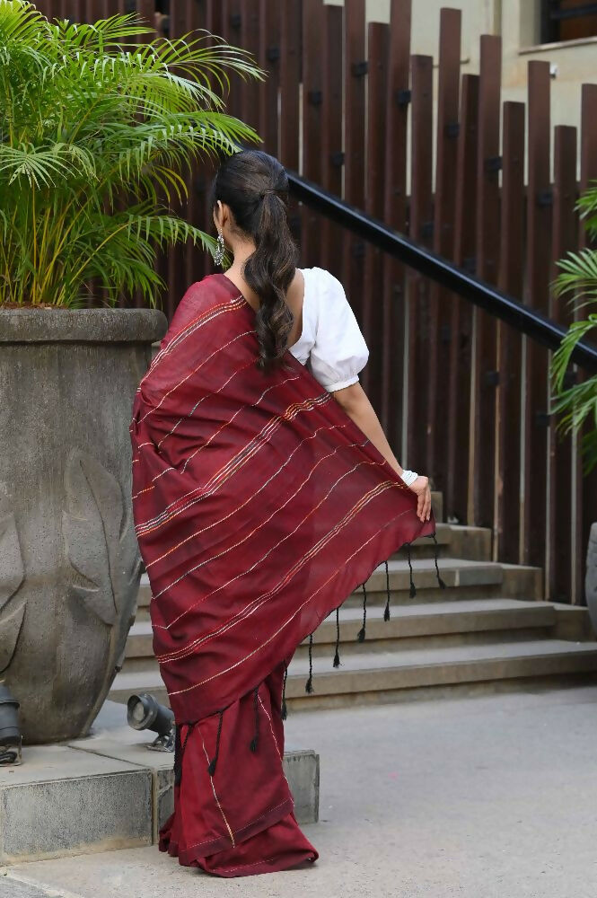 Beatitude Maroon Khadi Ghicha Stripes Saree | Grocsy
