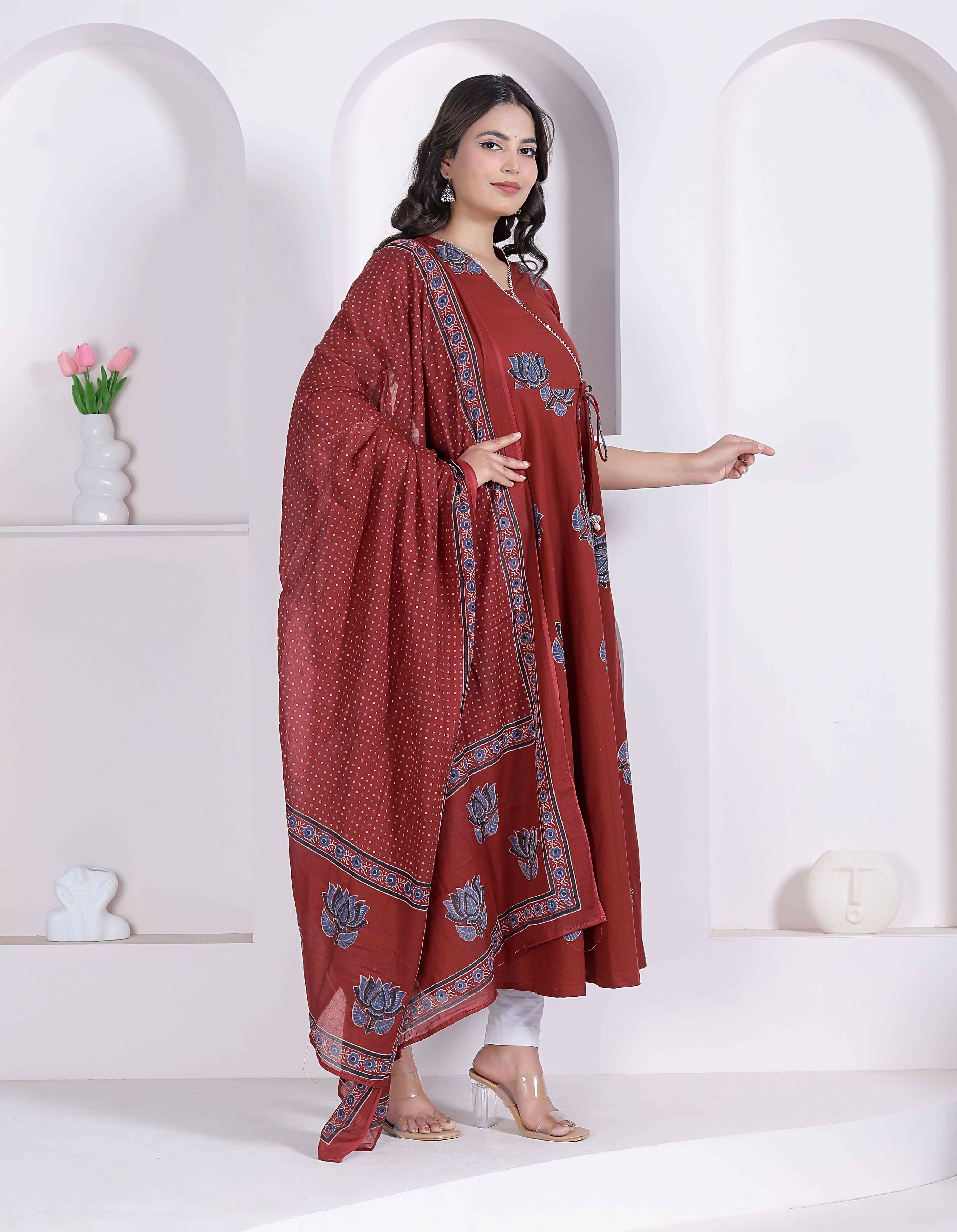 Miravan Women Rust Floral Printed Angrakha Kurta And Dupatta | Grocsy