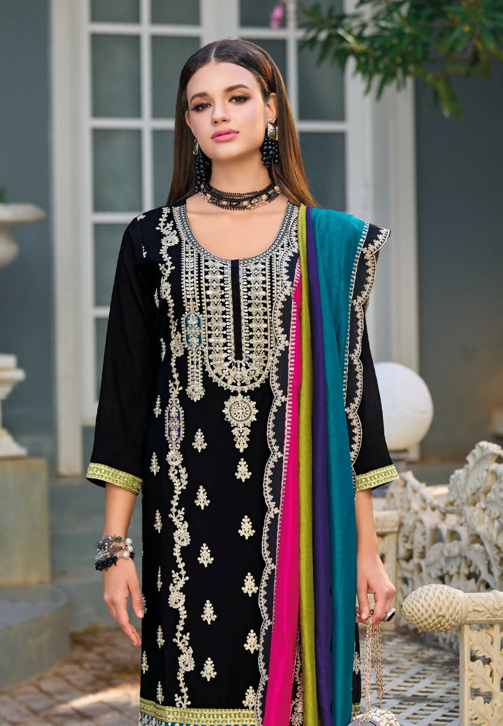 Anaita Black Premium Embroidered Chinon Stitched Salwar Suit | Grocsy