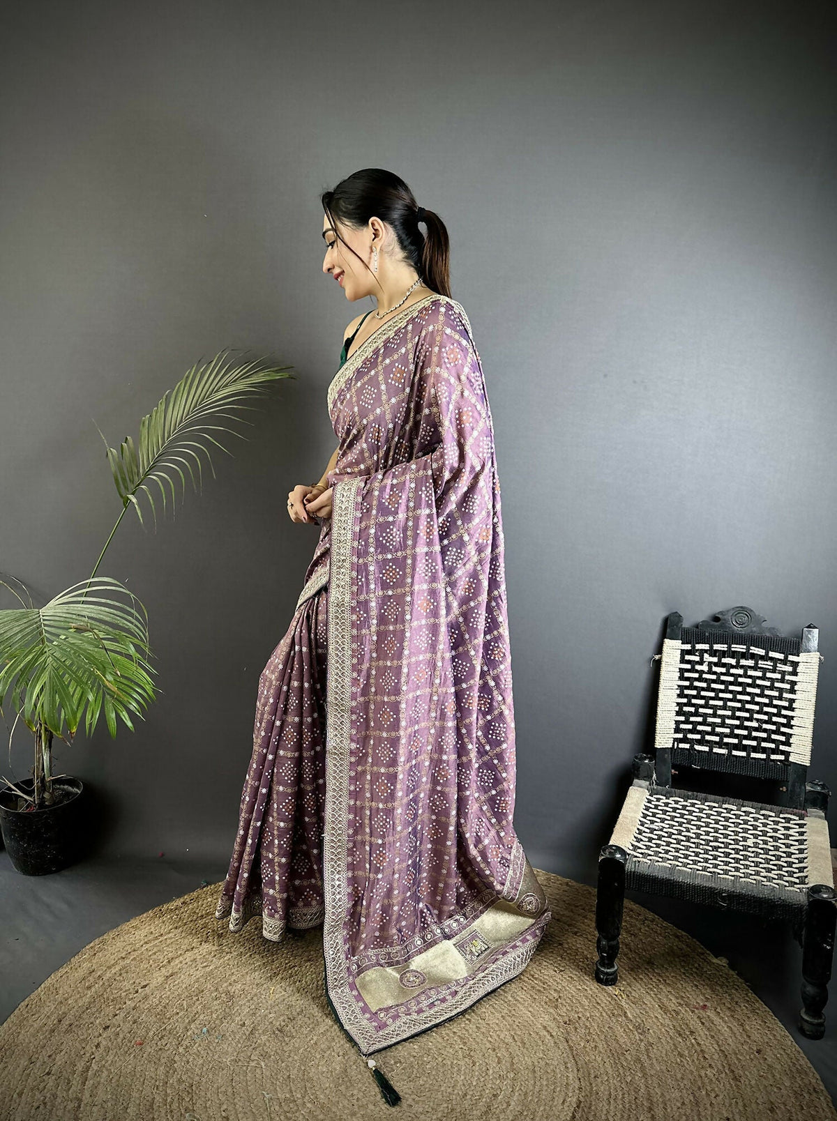 Joban Fashion Lavender Bandhej Bandhani Vichitra Silk Bandhani Prints Saree | Grocsy