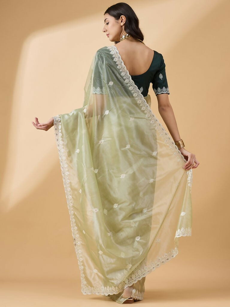 Green Organza Sequence Embroidered Saree with Unstitched Blouse - Satya | Grocsy