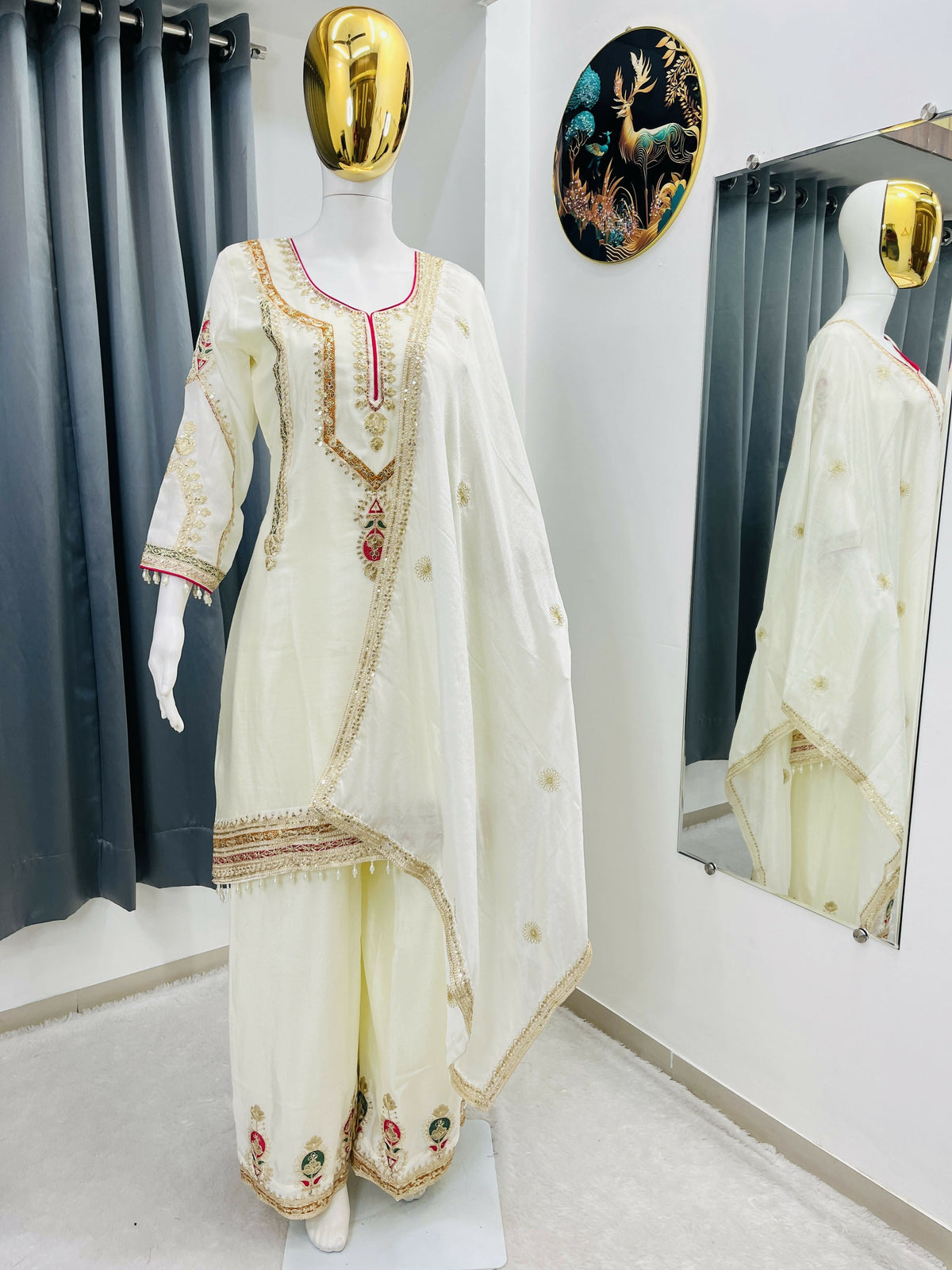 Teeya Creation Cream Color Chinon Silk Party Wear Trending Palazzo Set | Grocsy