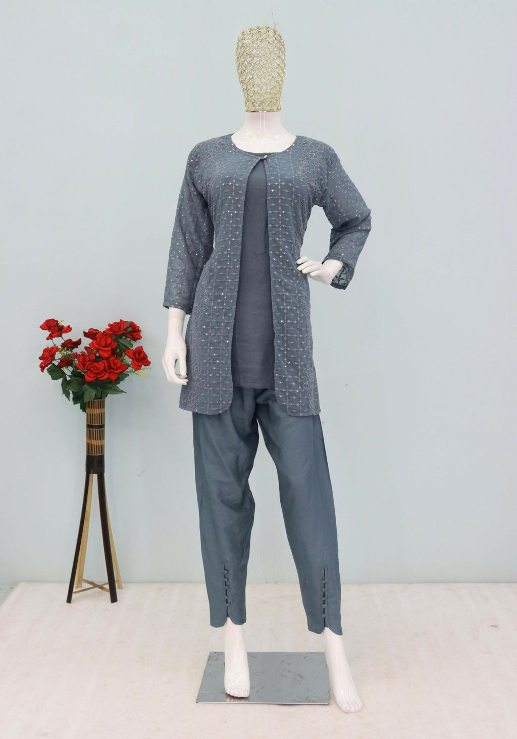 Anaita Grey Faux Georgette Readymade 2 Piece Set with Embroidery Work | Grocsy