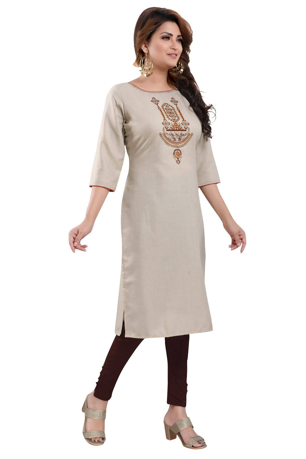Snehal Creations Boastful Beige Color Casual Cotton Ladies Kurti With Embroidery | Grocsy