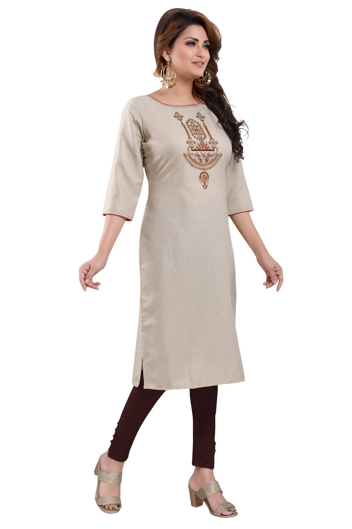 Snehal Creations Boastful Beige Color Casual Cotton Ladies Kurti With Embroidery | Grocsy