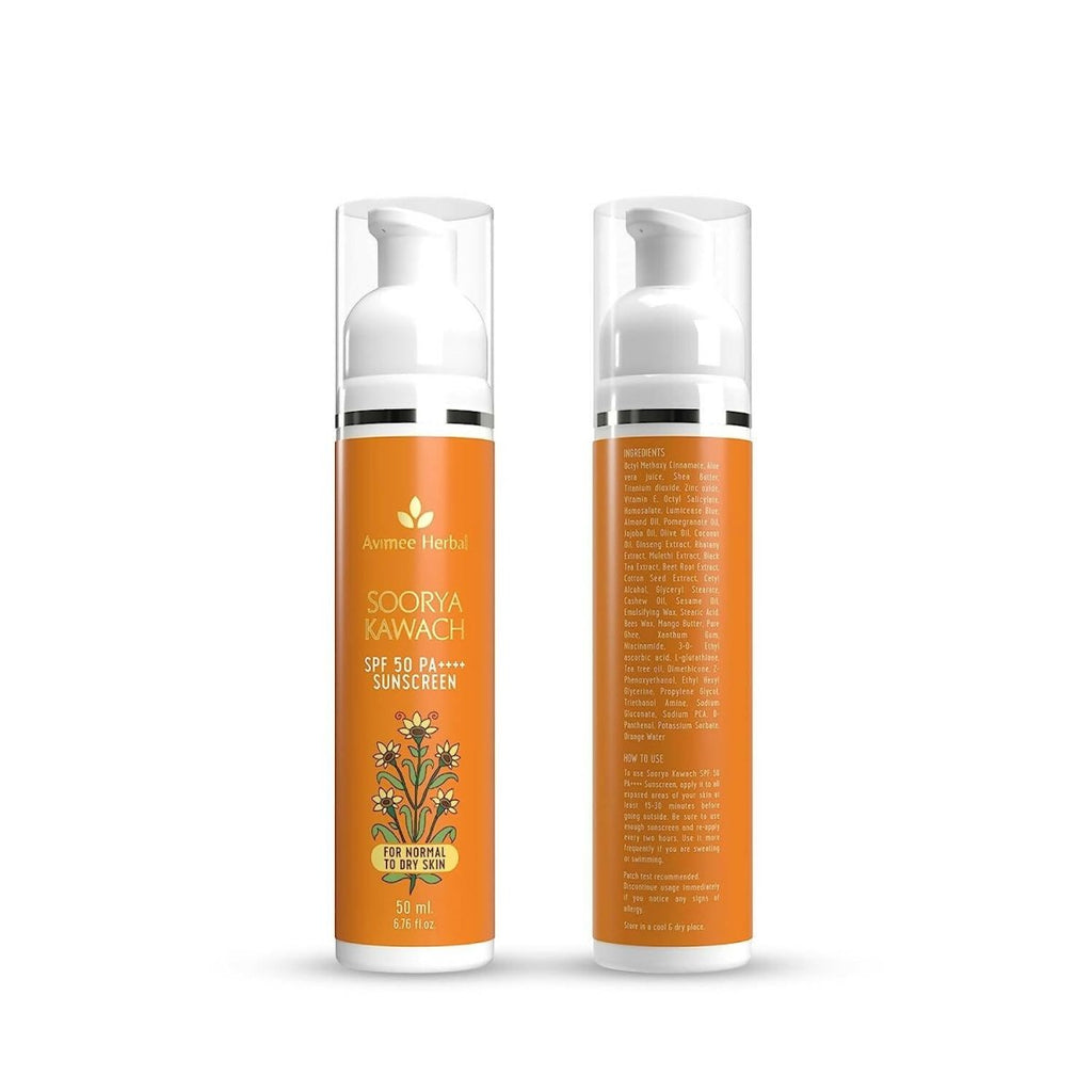 Avimee Herbal Soorya Kawach Sunscreen SPF 50 PA++++ For Normal & Dry Skin | Grocsy