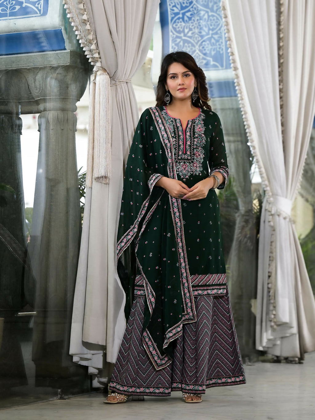 Juniper Women's Green Floral Printed Georgette Kurta Sharara & Dupatta Set With Sequins | Grocsy