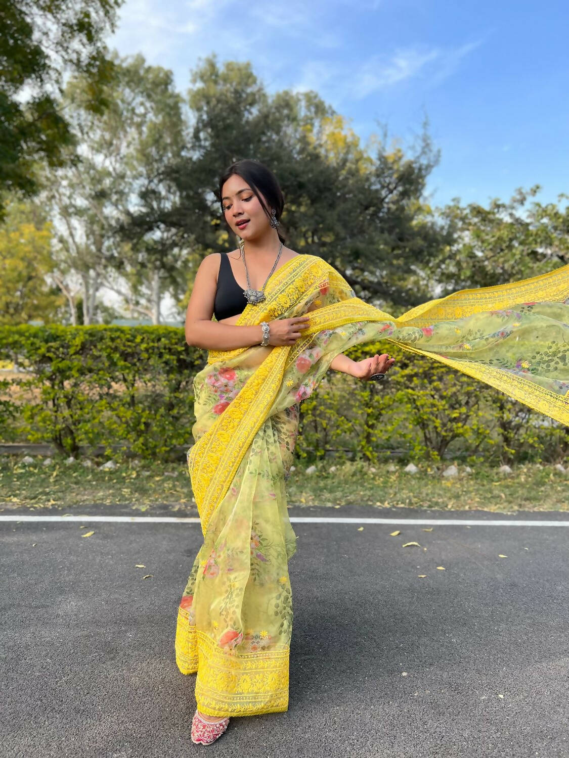 Vamsee Yellow Organza Saree | Grocsy