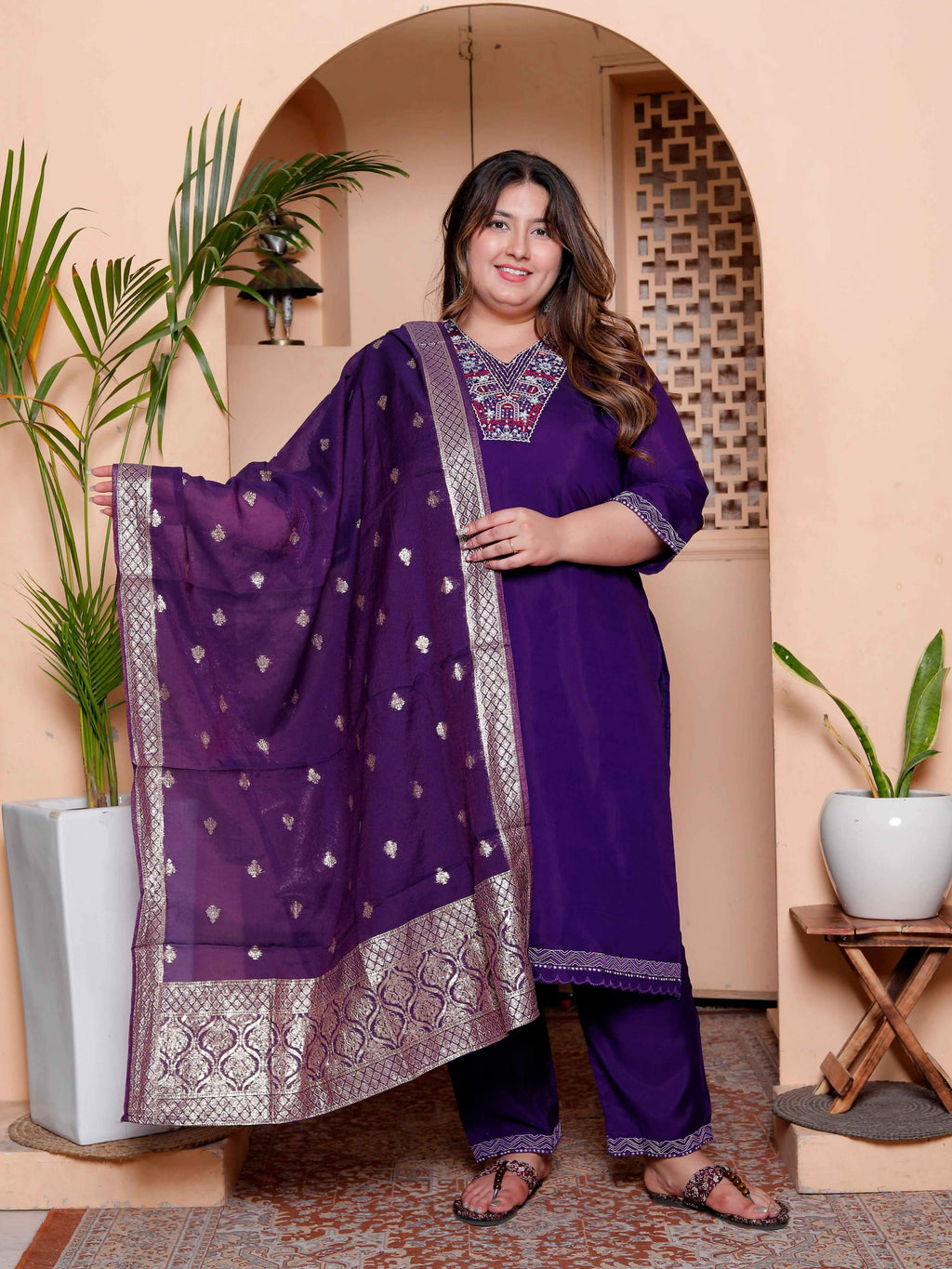 Miravan Women's Plus Size Purple Muslin Straight kurta and palazzo with dupatta Suit set | Grocsy