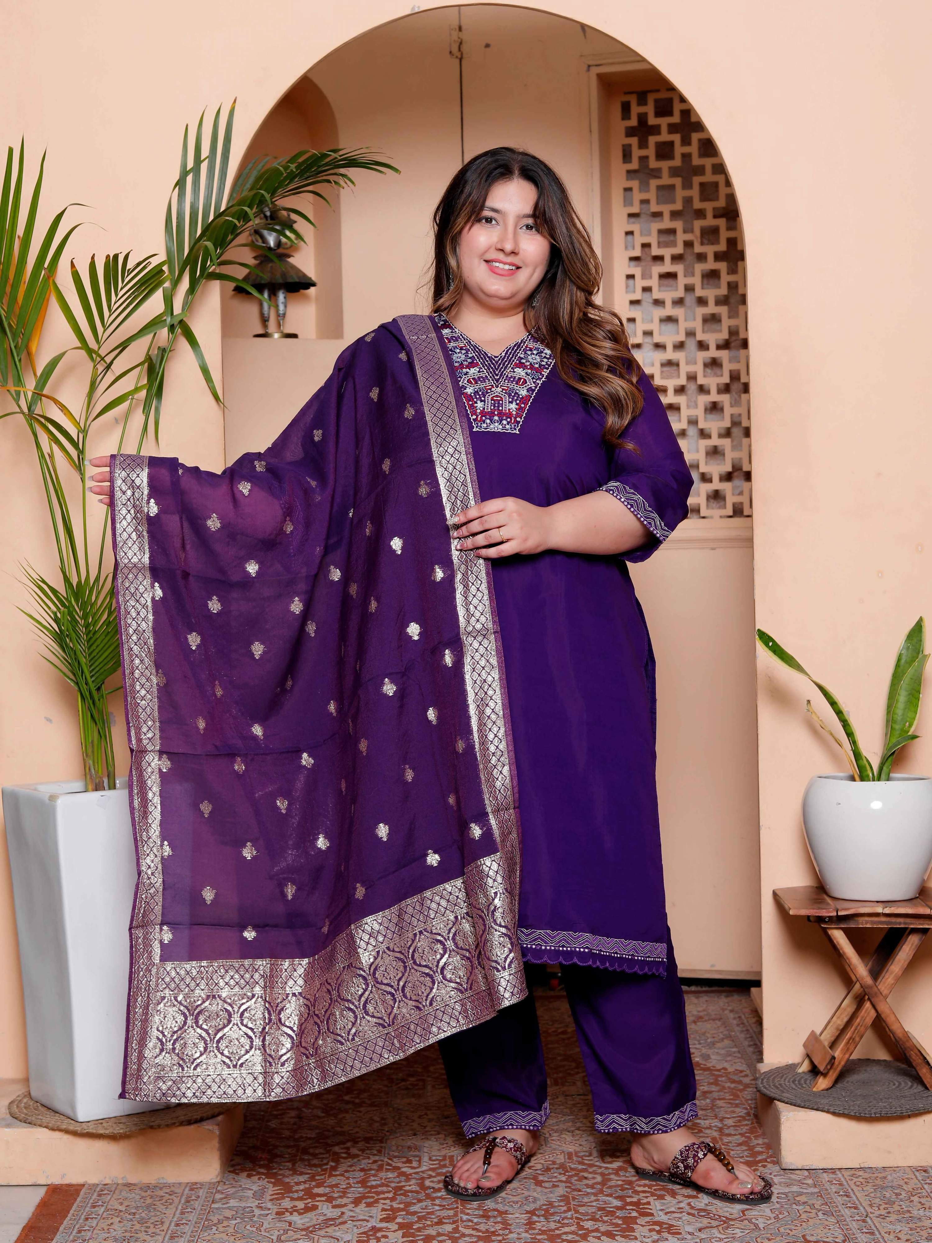 Miravan Women's Plus Size Purple Muslin Straight kurta and palazzo with dupatta Suit set | Grocsy
