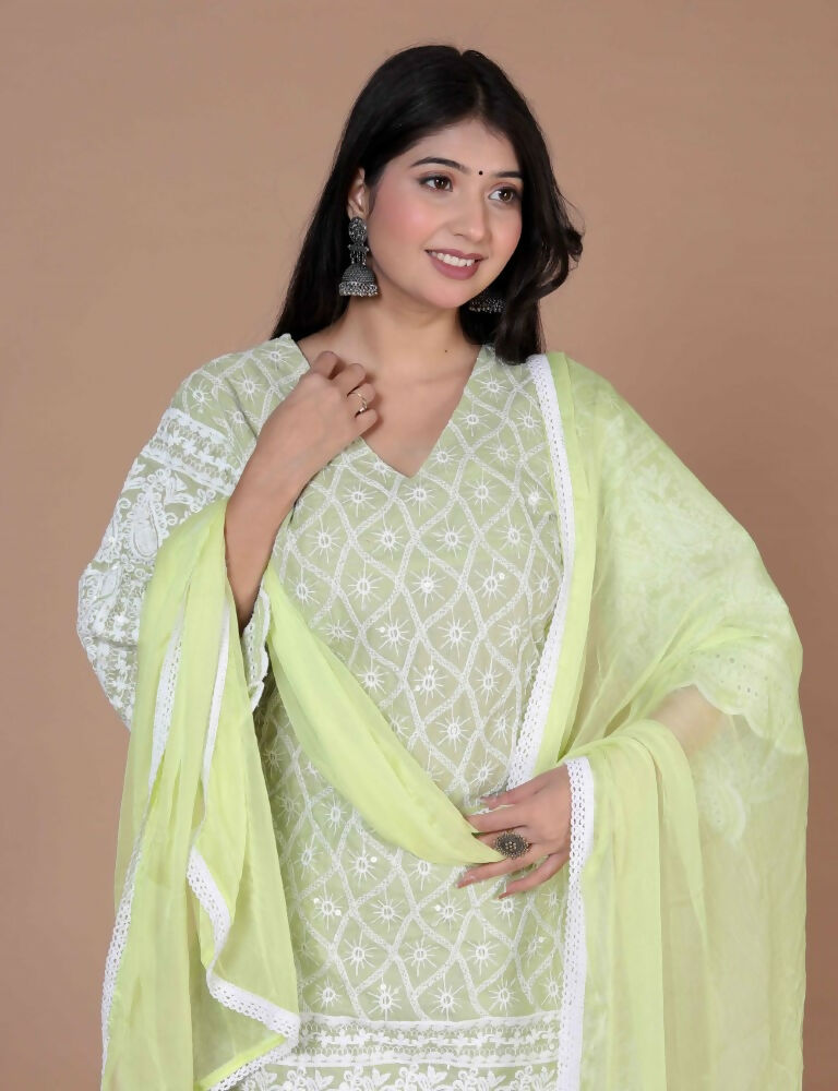 Miravan Women's Chikankari Embroidery Kurta And Palazzo With Dupatta | Grocsy