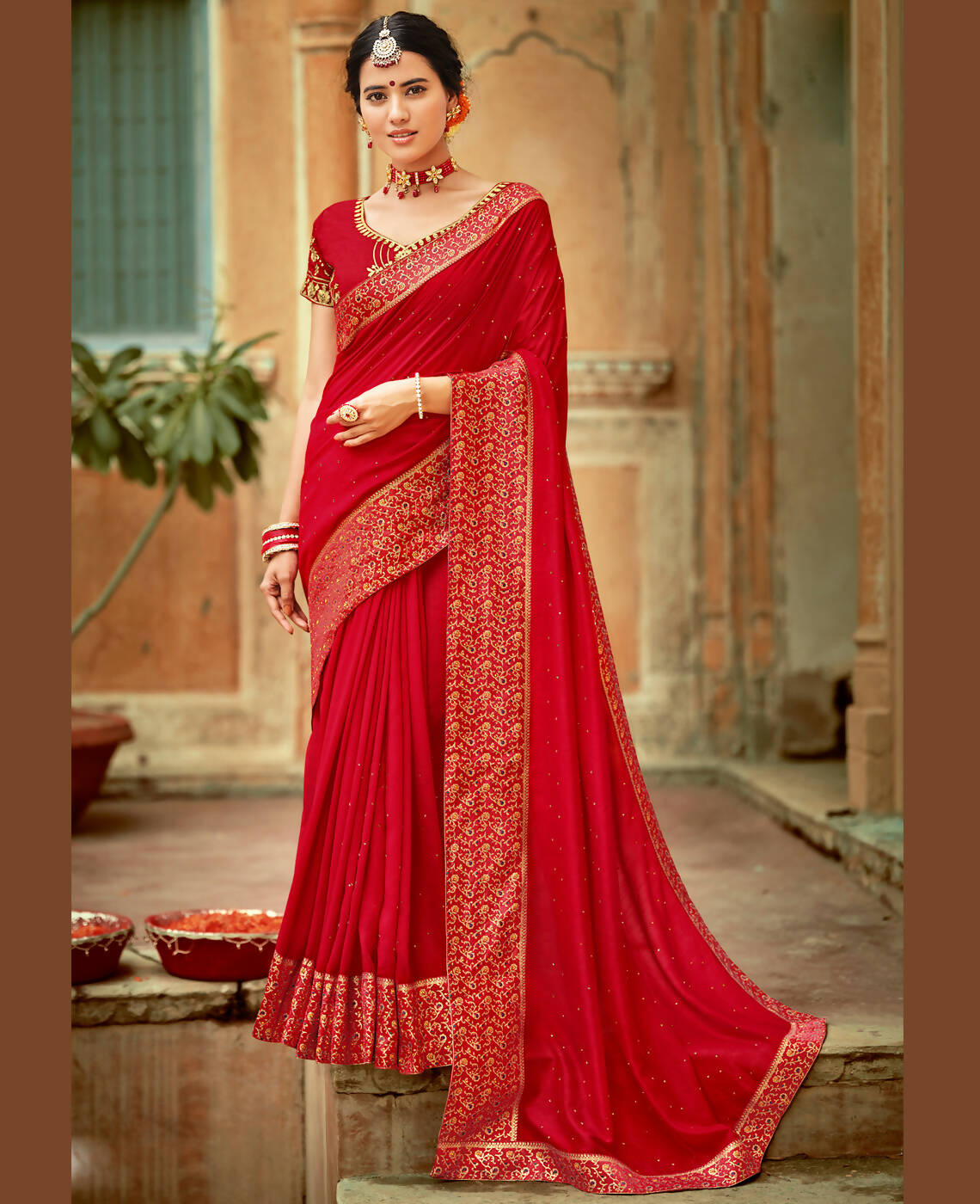 Red Vichitra Stone Work Saree With Unstitched Blouse Piece - Rosy | Grocsy