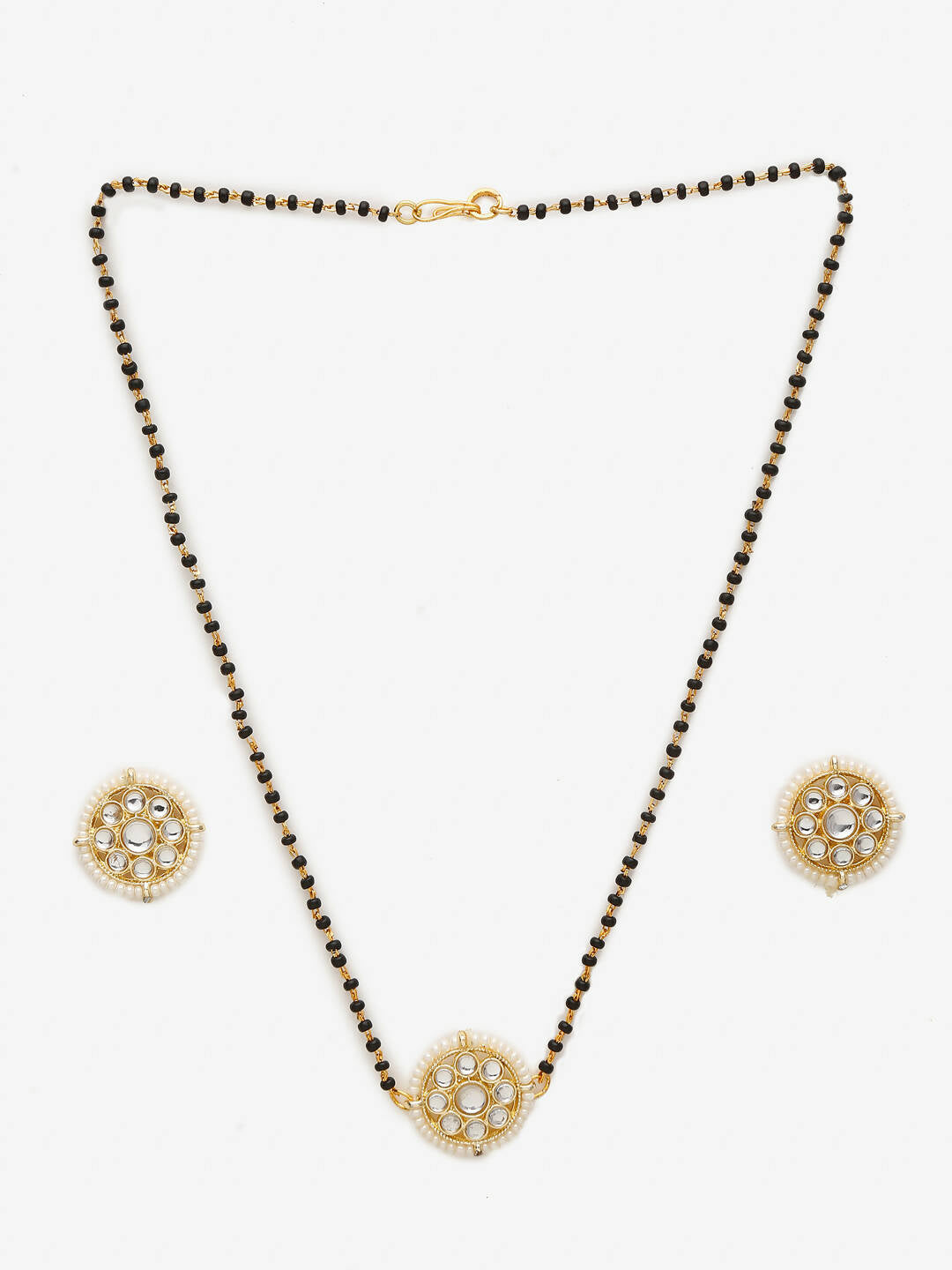 Gold-Polished Black Kundan Beaded Mangalsutra With Studs - Ruby Raang | Grocsy