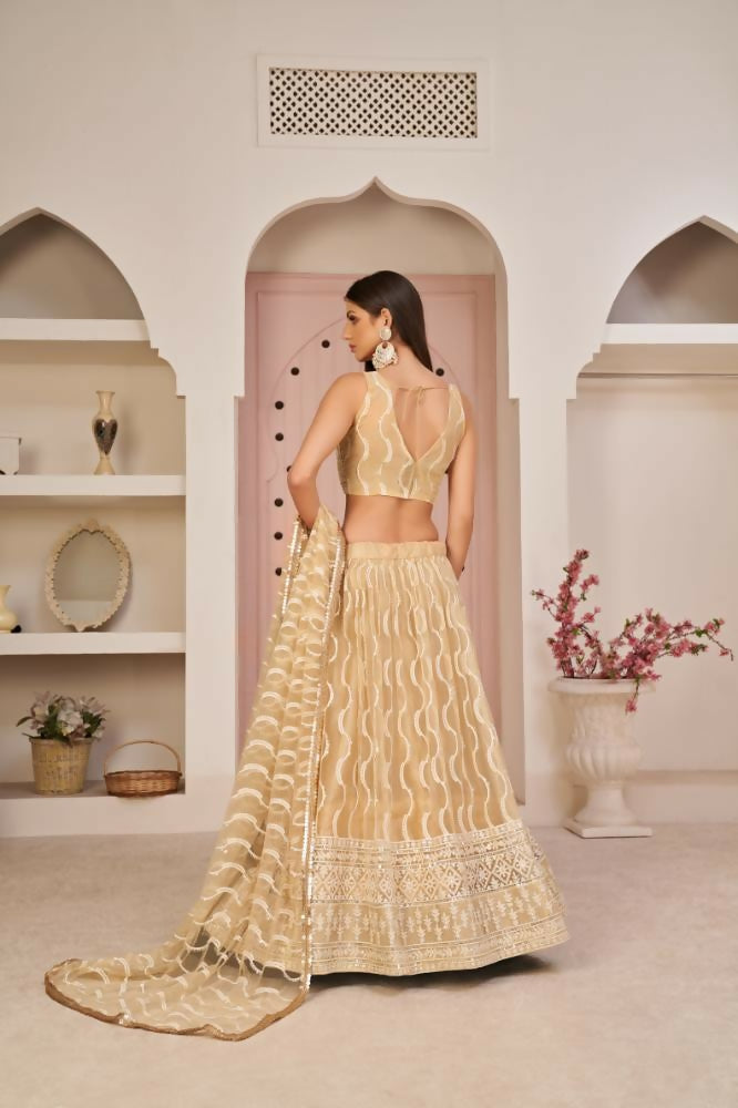 Aastha Fashion Beige Chiku Butterfly Net White Cotton Thread Work, Zari Work And Sandwich Sequence Work Embroidery Wedding Wear Lehenga Choli | Grocsy