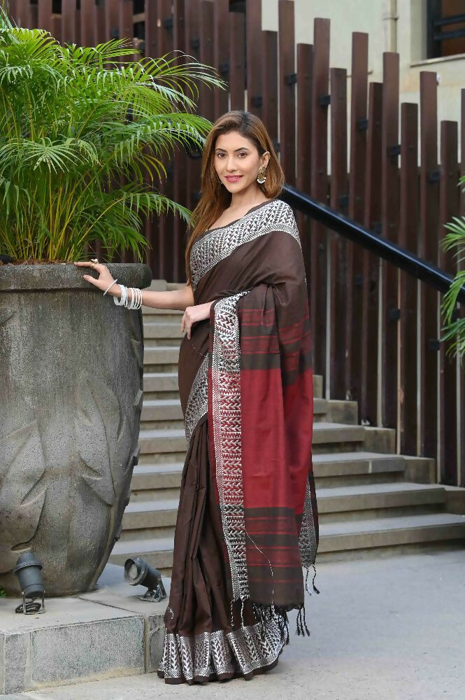 Beatitude Brown Cotton Jacquard Border Tangail Handloom Saree | Grocsy