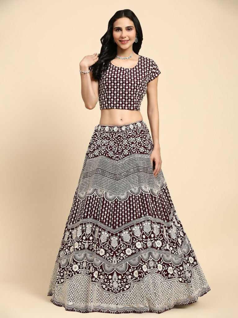 Brown Georgette Thread Embroidered Lehenga Choli with Dupatta - Tanya | Grocsy