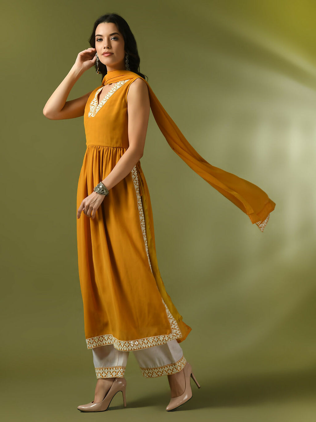 Myshka Women's Yellow Solid Georgette Anarkali Party Kurta Set With Dupatta | Grocsy