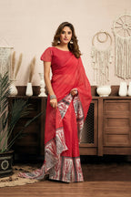 Vastranavya Red Digital Printed Linen Ready To Wear Designer Saree with Unstitched Blouse | Grocsy