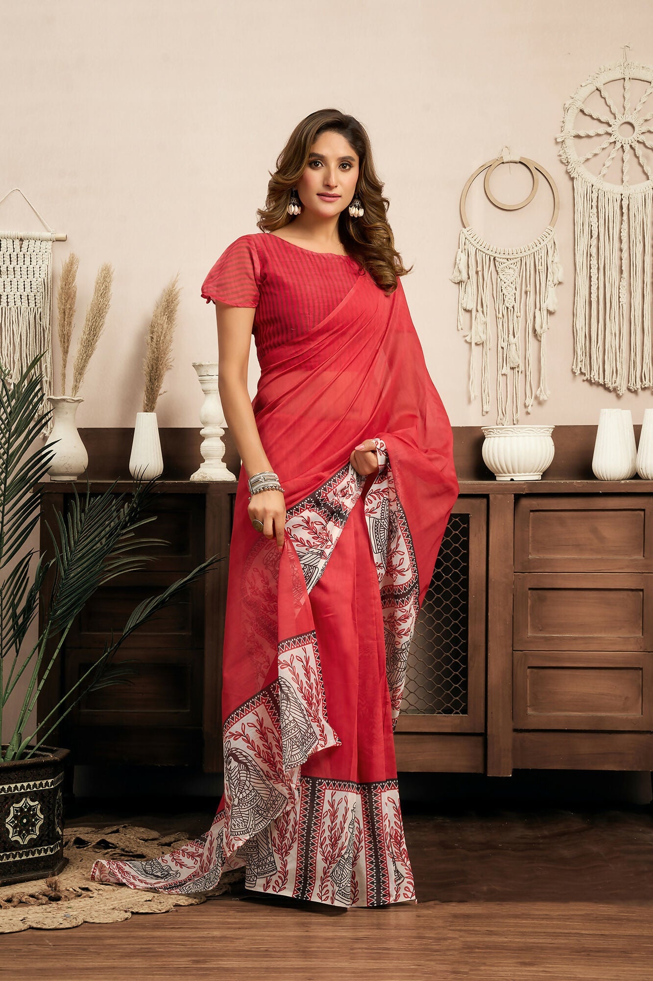 Vastranavya Red Digital Printed Linen Ready To Wear Designer Saree with Unstitched Blouse | Grocsy
