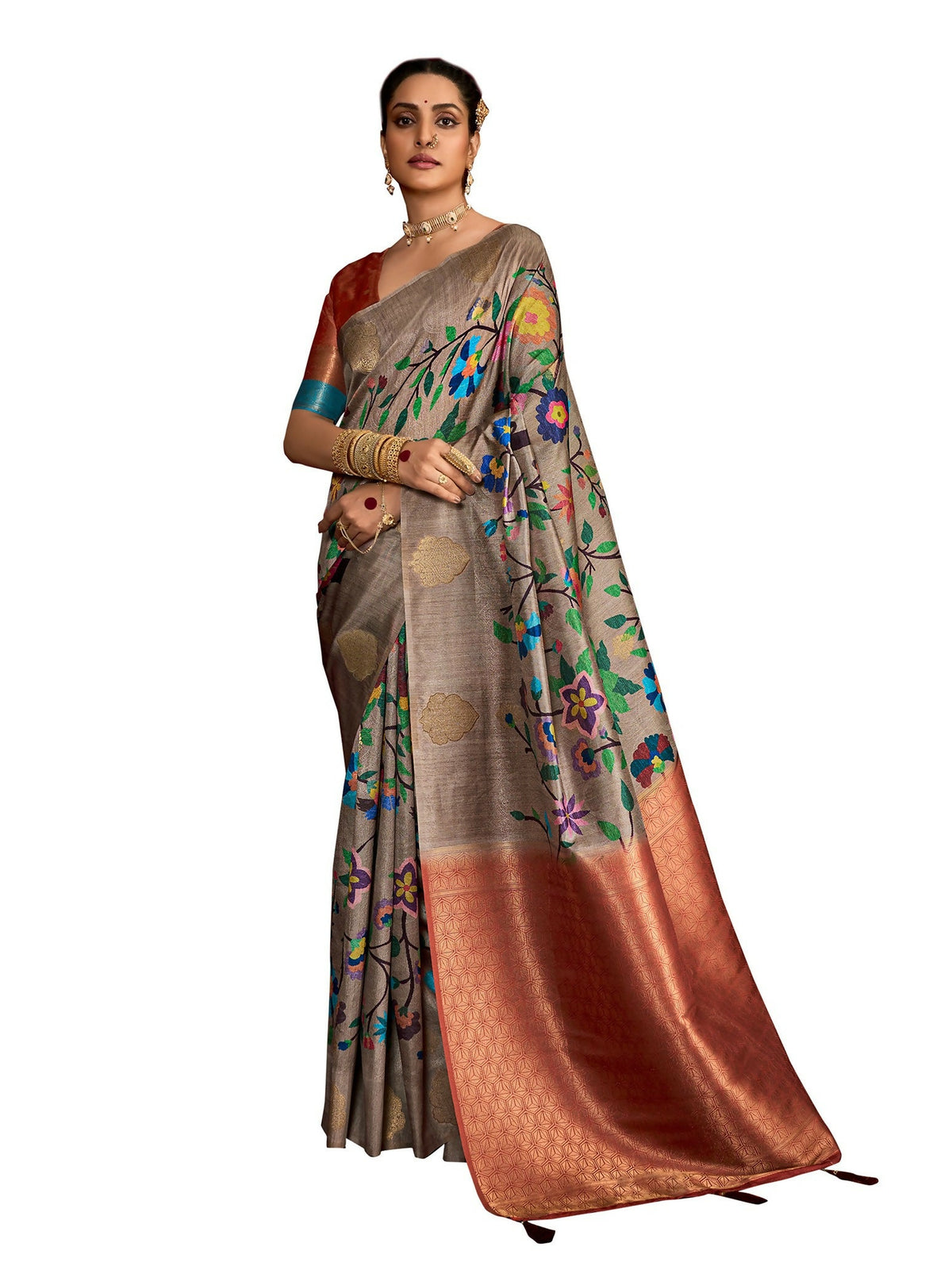 Joban Fashion Multi Color Soft Silk Weaving Fabric With Digital Jamdani Print With Jacquard Rich Pallu & Blouse With Spring Tassels | Grocsy