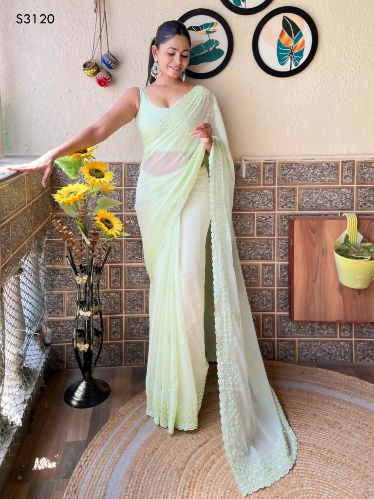 Green Georgette Sequence Embroidery Cut Work Saree - Saadia | Grocsy