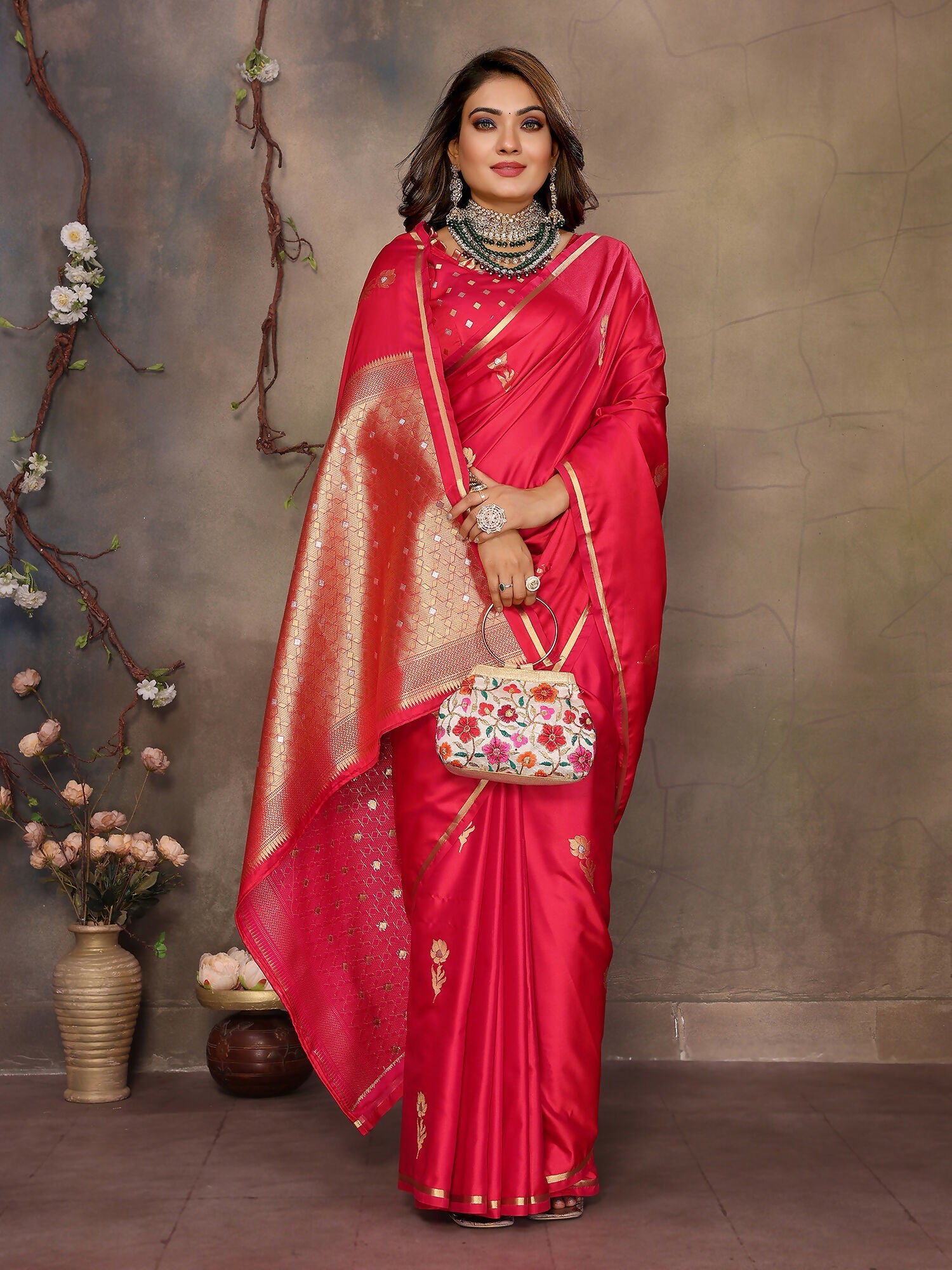 Joban Fashion  Brick Red Floral & Botanical Motifs Satin Silk Banarasi Silk Saree | Grocsy