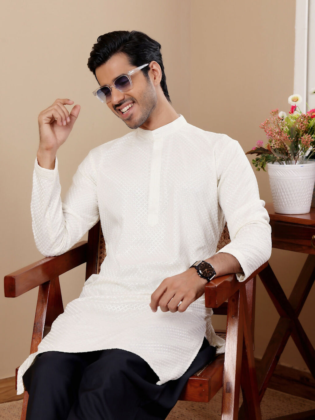 White Viscose Designer Chikankari Embroidery Work Men's Kurta - Mahotsav | Grocsy