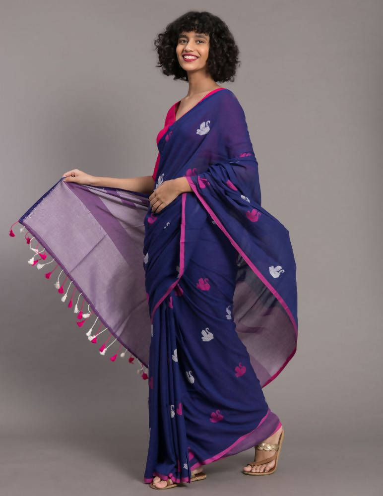 Suta Blue Pink Ethnic Motifs Handloom Cotton Woven Saree | Grocsy