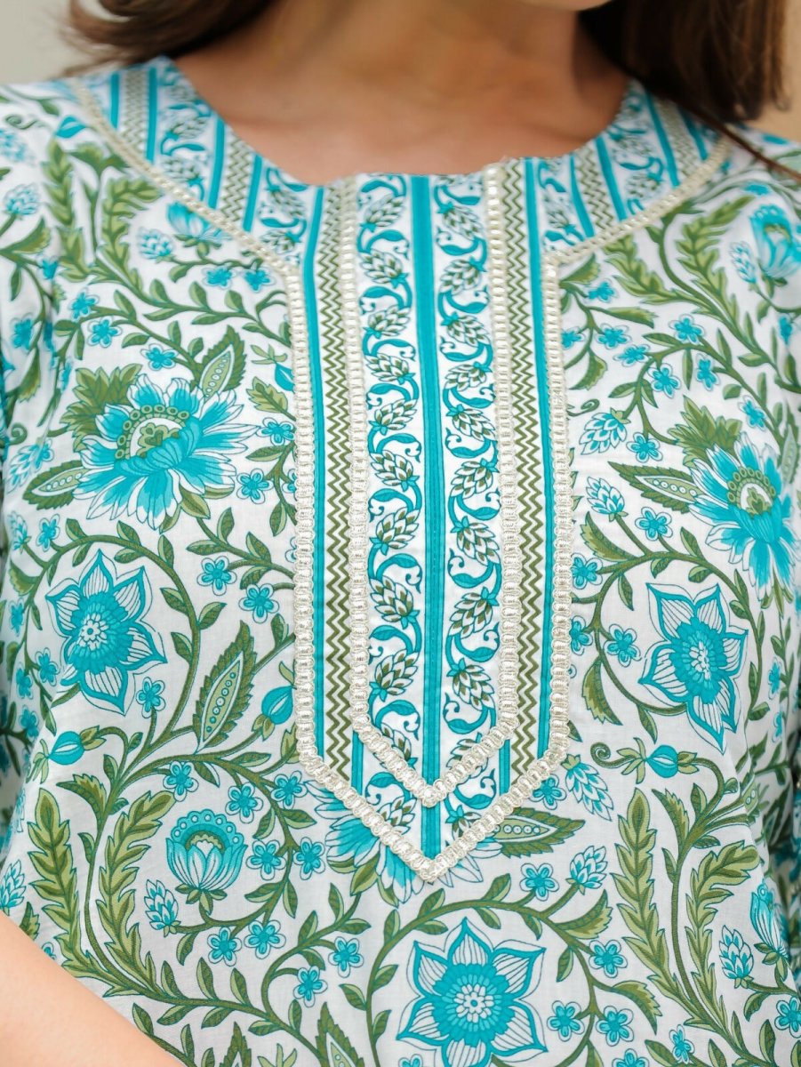 Aramya Straight Soft Cotton Floral Print Women's Kurta Set - Turquoise | Grocsy