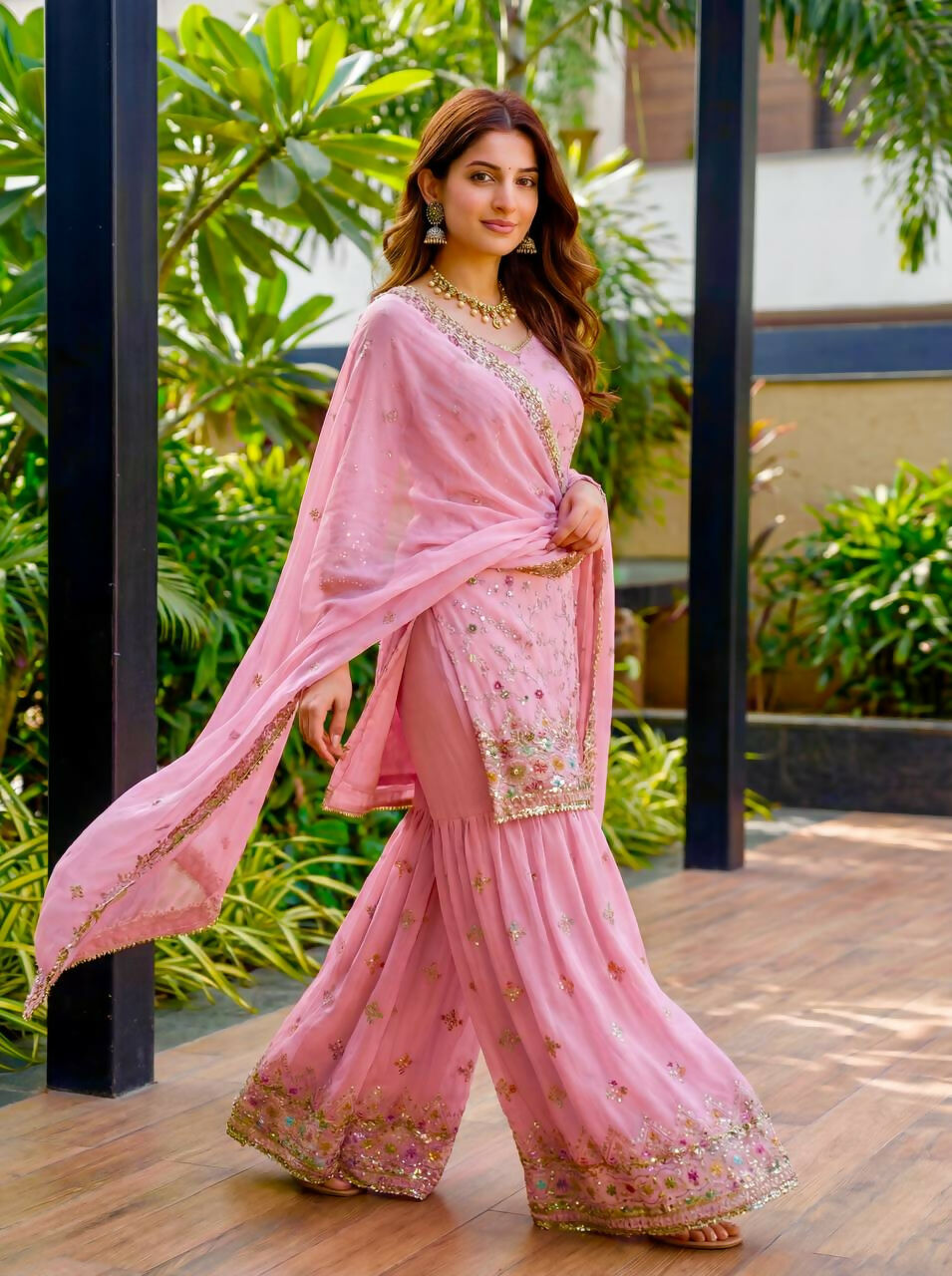 Teeya Creation Pink Faux Georgette Multi Thread Work Wedding Wear Sharara Set | Grocsy