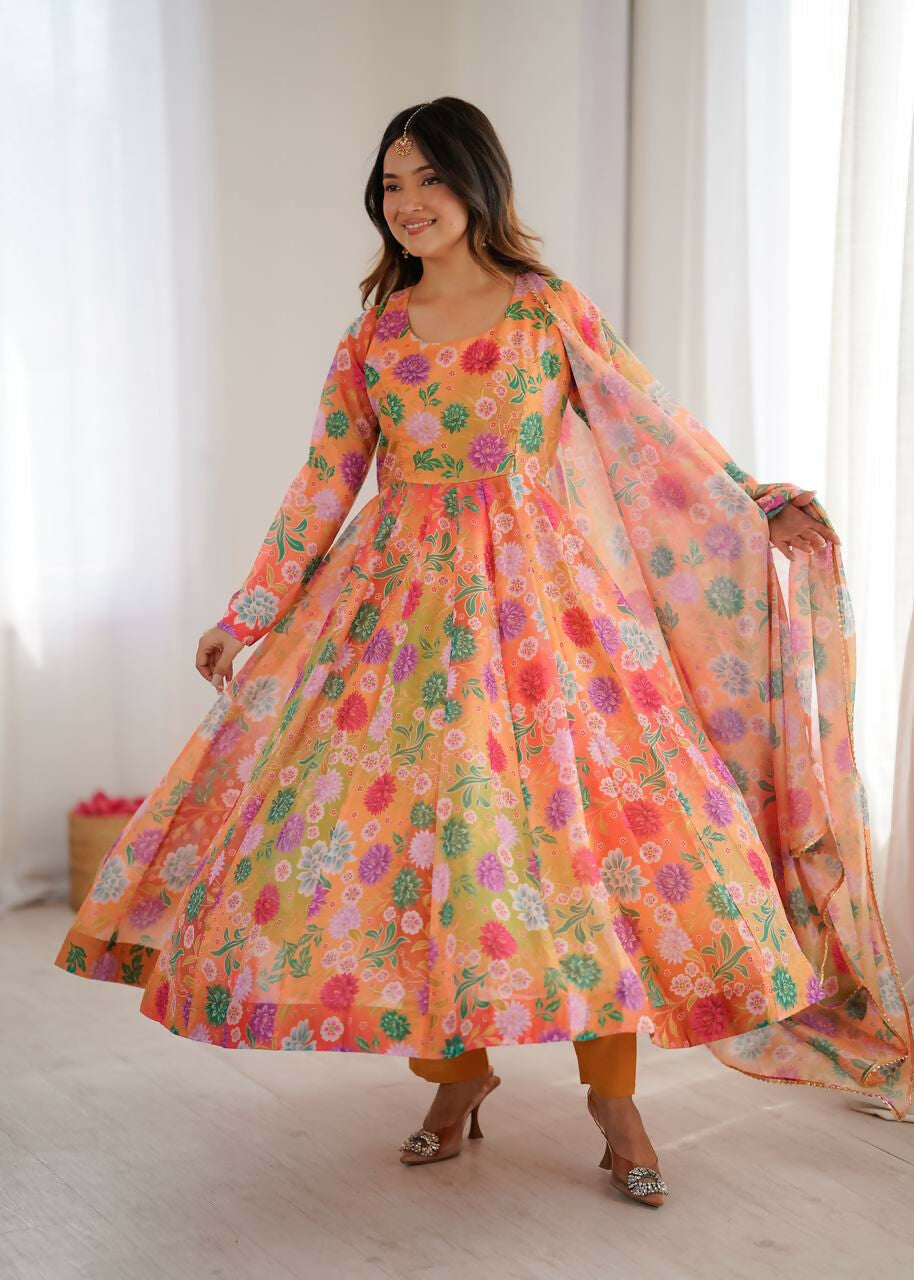 Teeya Creation Orange Soft Organza Digital Printed Party Wear Long Gown | Grocsy
