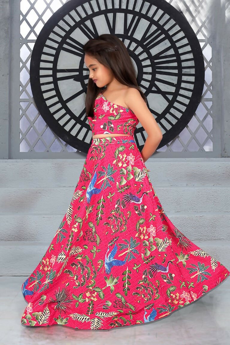Aayaa Designer Printed Chinon Crochet Sequance Pink Kids Lehenga Choli - Pink | Grocsy