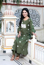 Miravan Women's Moti And Chikan Embroidered Bandhani Printed A-Line Mehandi Kurta Palazzo Set | Grocsy
