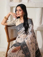 Shree Shyam Fashion Linen Cotton Black & Cream Saree | Grocsy