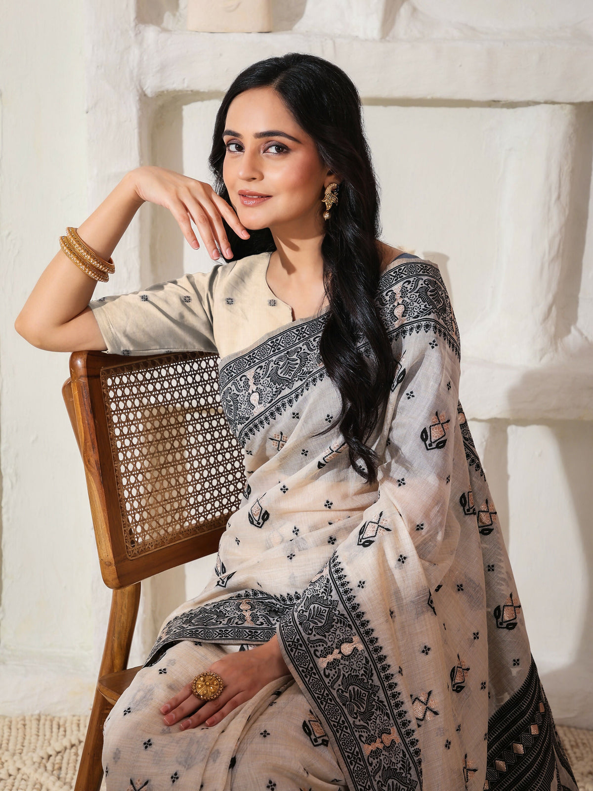 Shree Shyam Fashion Linen Cotton Black & Cream Saree | Grocsy