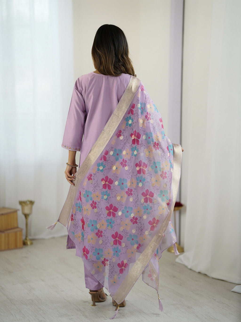The52 Lavender Women's Gorgeous Embroidered work Viscose Gadhwal Fabric Straight Kurta, Pant and Dupatta Set | Grocsy