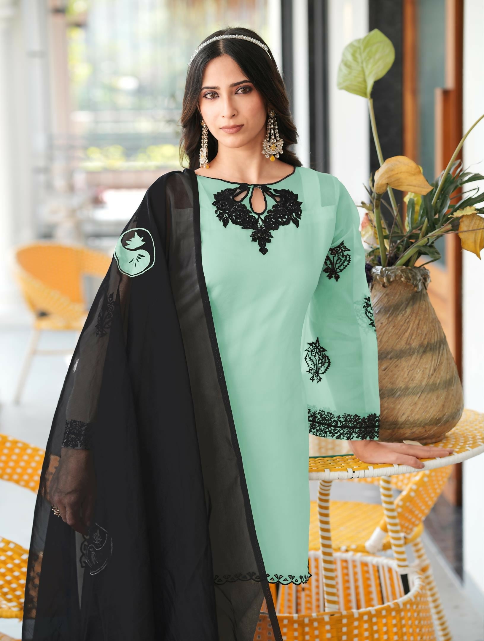 Nikhaar Light Green Embroidered Organza Stitched Straight Cut Kurta Farshi Salwar Dupatta Readymade Suit | Grocsy