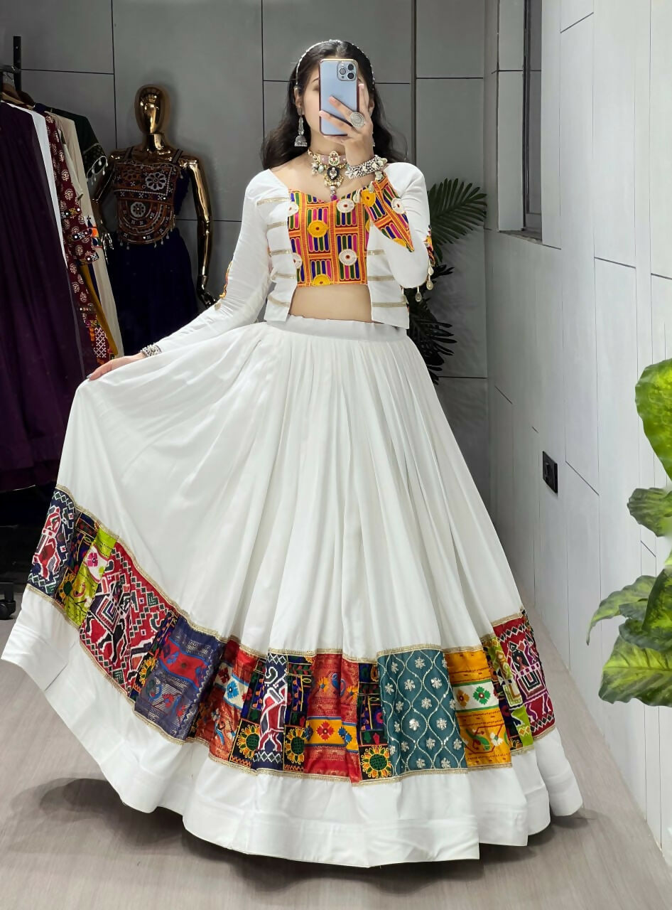 Yash Enterprise White Rayon Cotton Embroidery Semi Stitched Navratri Chaniya Choli | Grocsy