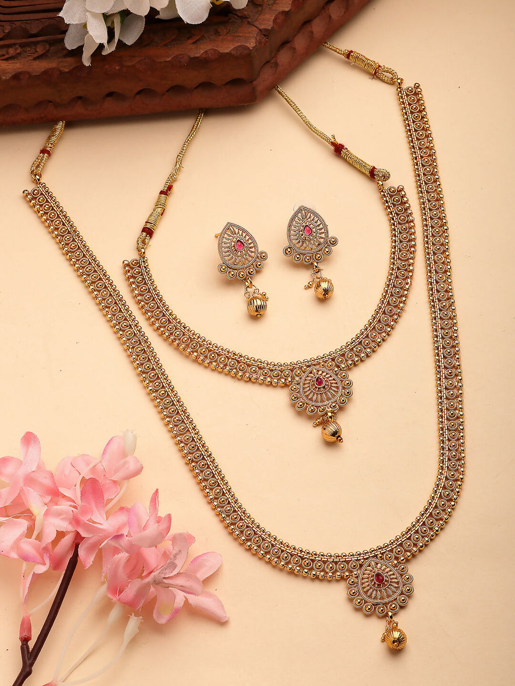 NVR Women's Set of 2 Gold-Polished Pink Stone Studded Jadau Jewellery Set | Grocsy