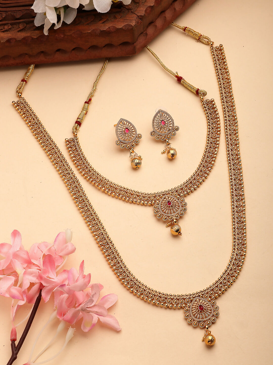 NVR Women's Set of 2 Gold-Polished Pink Stone Studded Jadau Jewellery Set | Grocsy