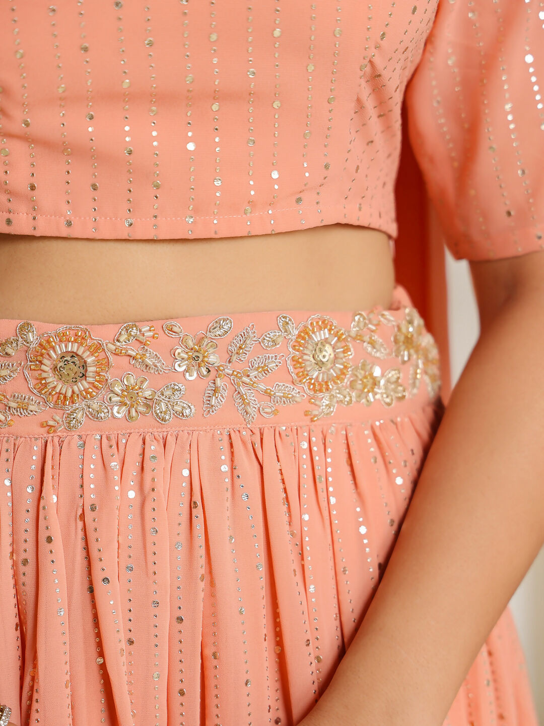 Janasya Peach Georgette Foil Print Lehenga Choli Dupatta | Grocsy