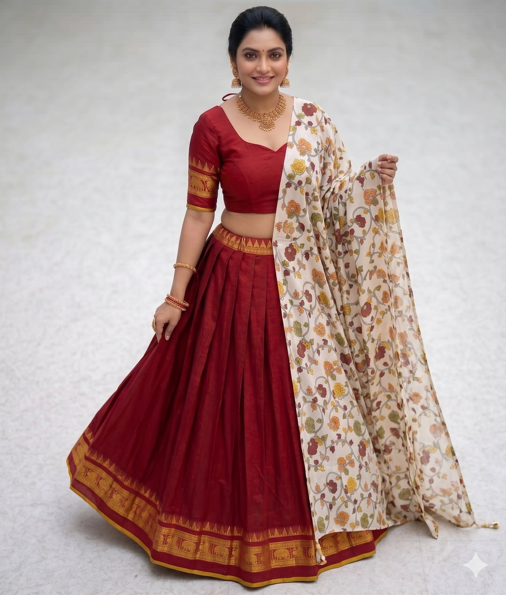 Teeya Creation Womens New Trendy Red Traditional Pleated Lehenga Choli Set with Floral Printed Dupatta and Contrast Zari Border Set | Grocsy