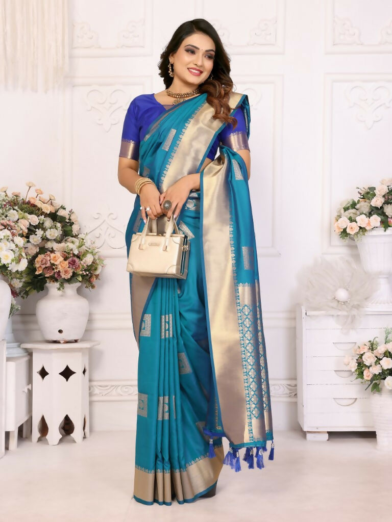 Anaita Blue Soft Silk With Zari Weaving Borders Saree With Blouse | Grocsy